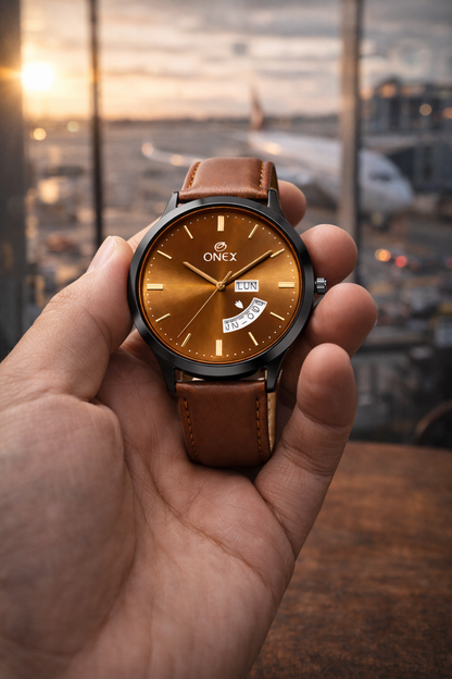 ONEX Men's Analog Watch with Day & Date Display | Brown Sunburst Dial | Brown Leather Strap | Quartz Movement | Formal & Casual Wrist Watch for Men