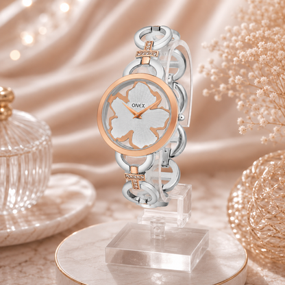 ONEX Silver - Rosegold Women’s Bracelet Watch with Silver Textured Dial & Crystal Accents