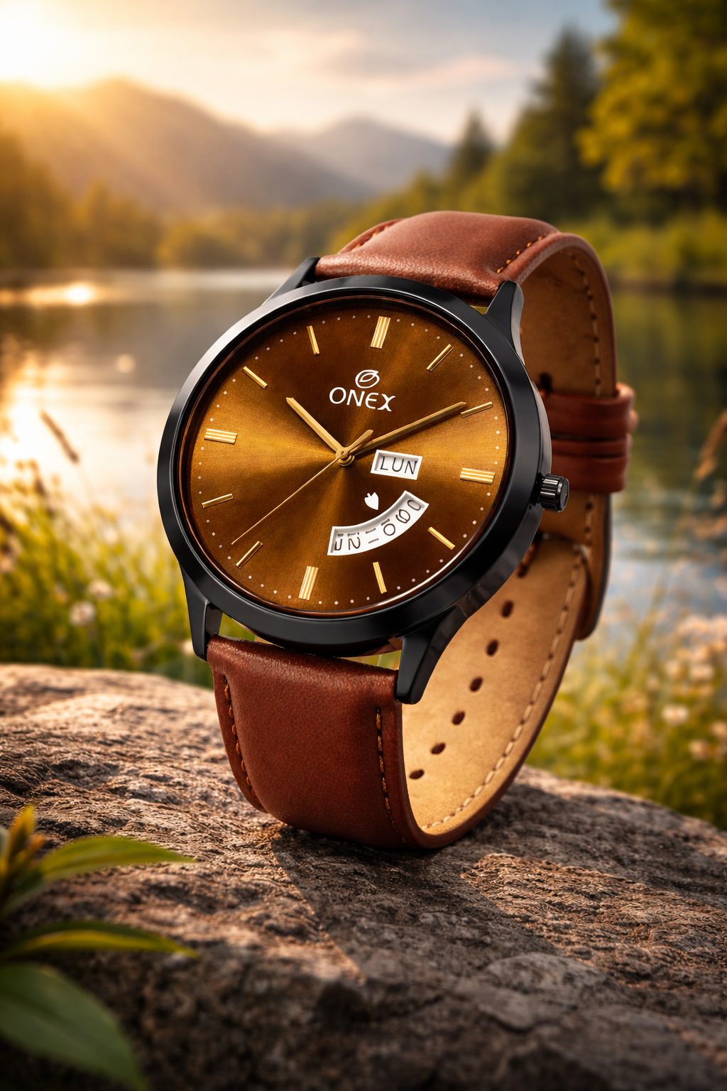 ONEX Men's Analog Watch with Day & Date Display | Brown Sunburst Dial | Brown Leather Strap | Quartz Movement | Formal & Casual Wrist Watch for Men