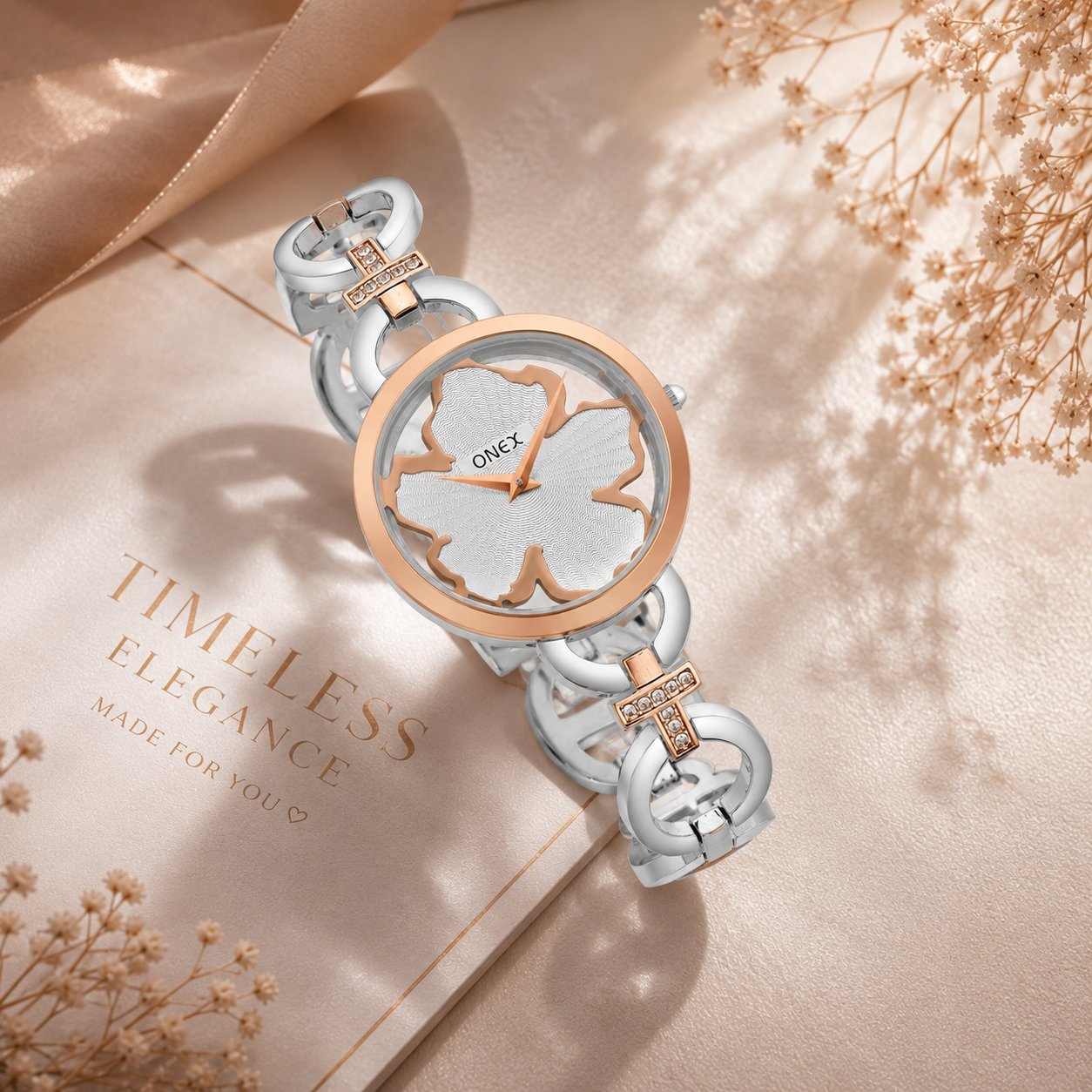 ONEX Silver - Rosegold Women’s Bracelet Watch with Silver Textured Dial & Crystal Accents