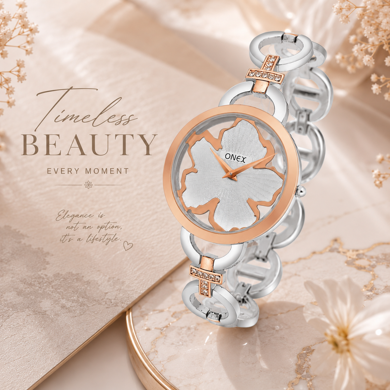 ONEX Silver - Rosegold Women’s Bracelet Watch with Silver Textured Dial & Crystal Accents