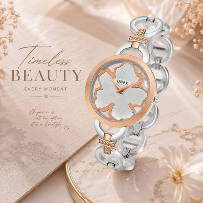ONEX Silver - Rosegold Women’s Bracelet Watch with Silver Textured Dial & Crystal Accents