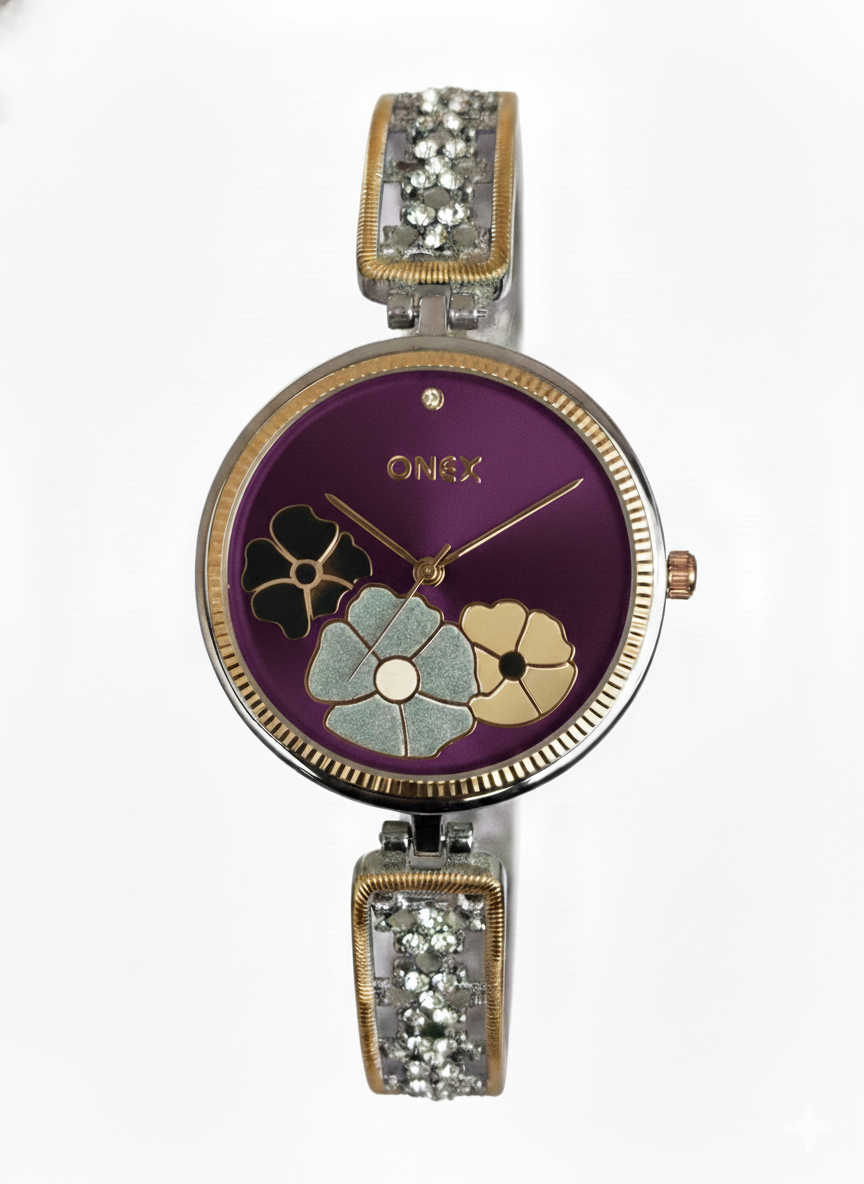 ONEX Women's Gold-Silver Floral Designer Analog Watch with Purple Dial & Crystal Bracelet | Premium Quartz Wrist Watch