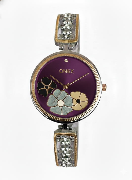 ONEX Women's Gold-Silver Floral Designer Analog Watch with Purple Dial & Crystal Bracelet | Premium Quartz Wrist Watch