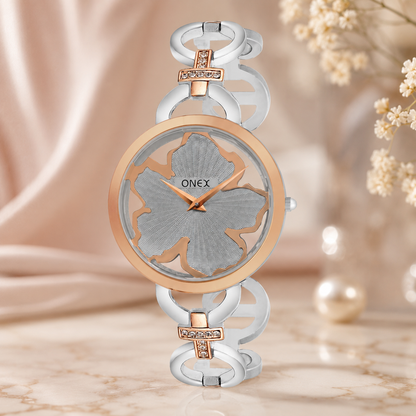 ONEX Silver - Rosegold Women’s Bracelet Watch with Grey Textured Dial & Crystal Accents