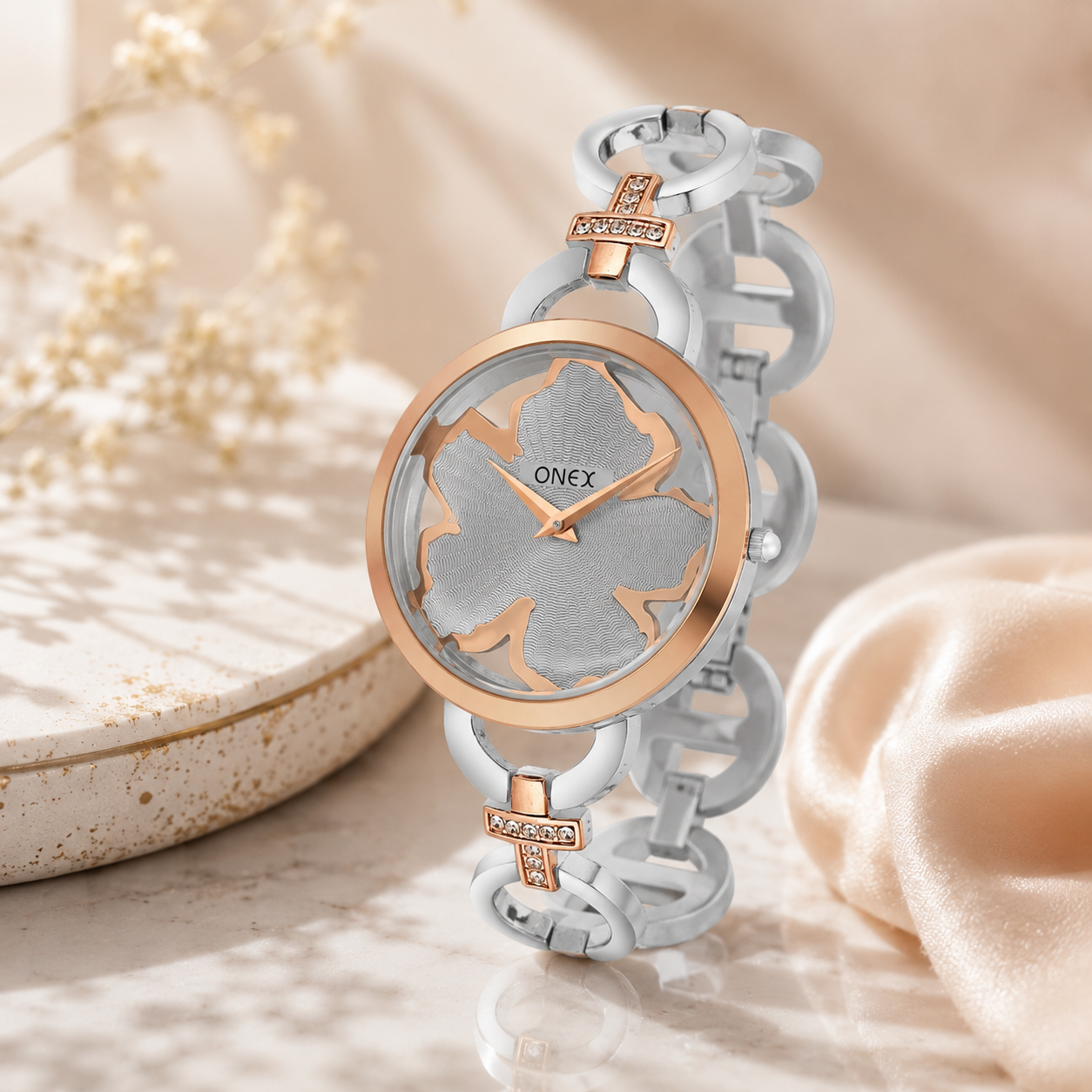 ONEX Silver - Rosegold Women’s Bracelet Watch with Grey Textured Dial & Crystal Accents