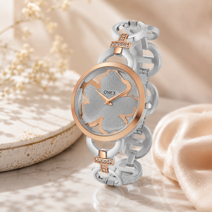ONEX Silver - Rosegold Women’s Bracelet Watch with Grey Textured Dial & Crystal Accents