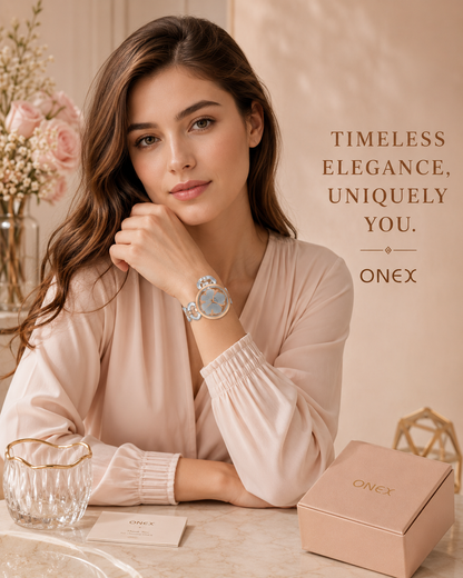 ONEX Silver - Rosegold Women’s Bracelet Watch with Grey Textured Dial & Crystal Accents