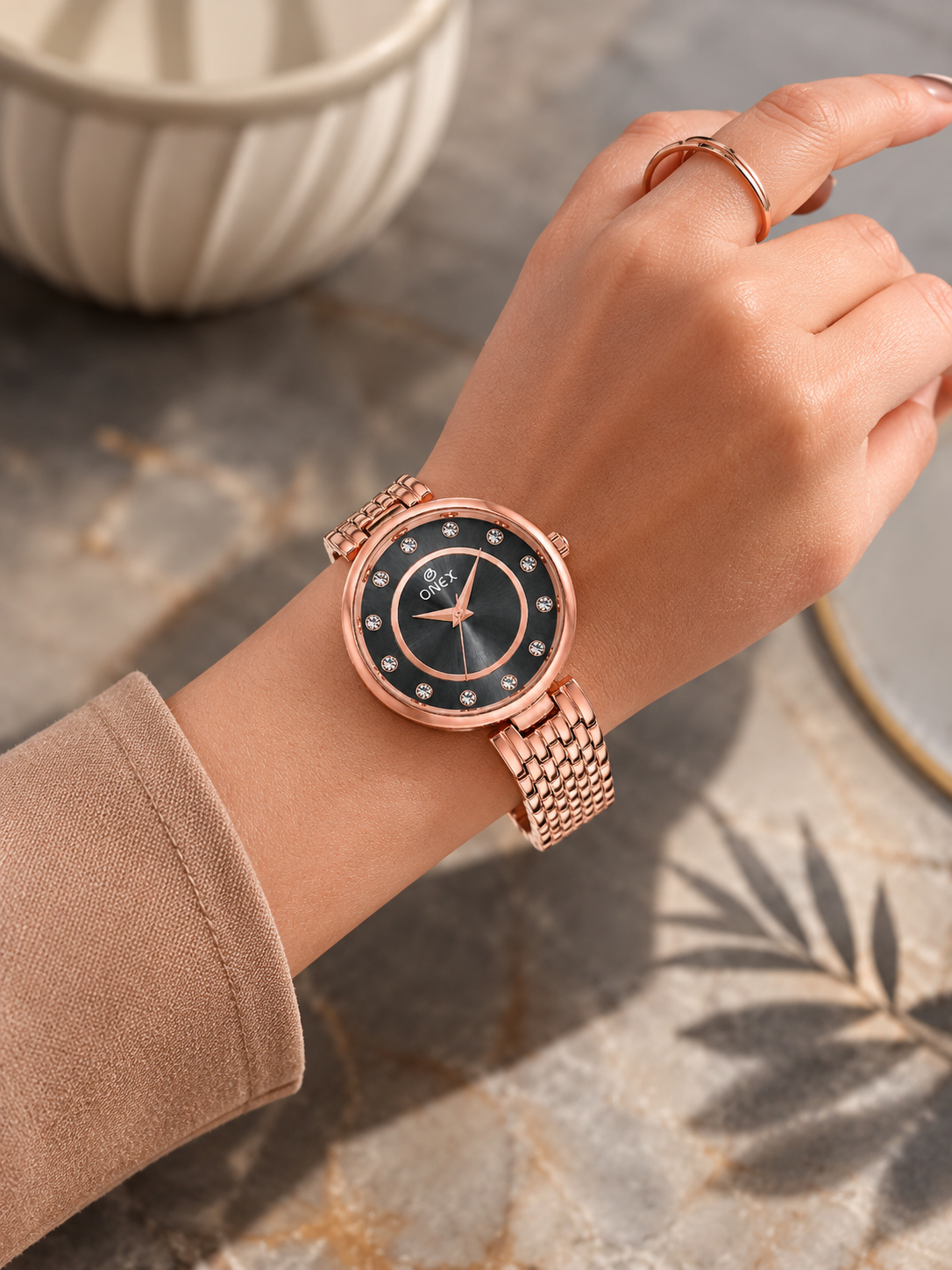 Onex Women’s Grey Analog Watch with Crystal Studded Dial & Stainless Steel Bracelet
