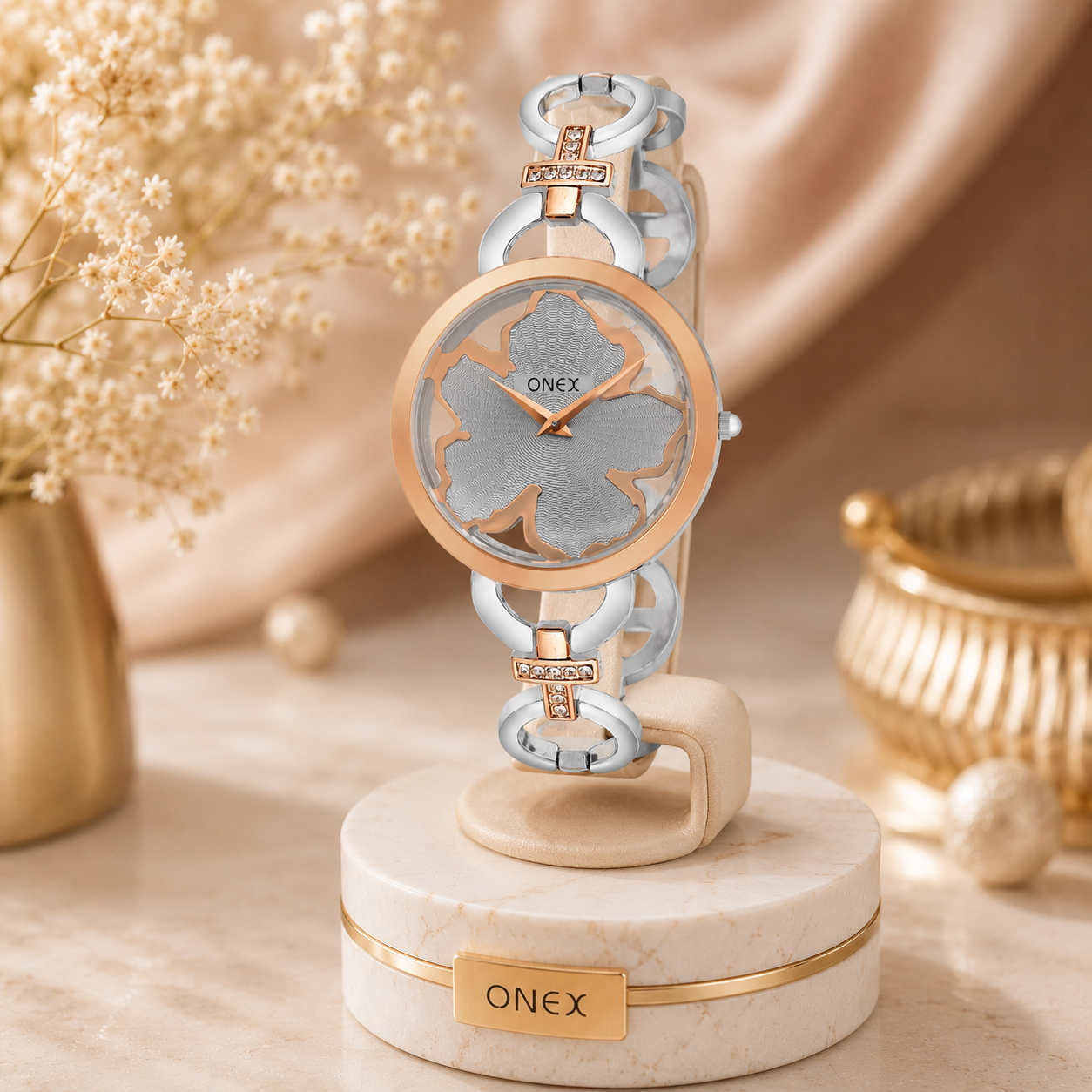 ONEX Silver - Rosegold Women’s Bracelet Watch with Grey Textured Dial & Crystal Accents