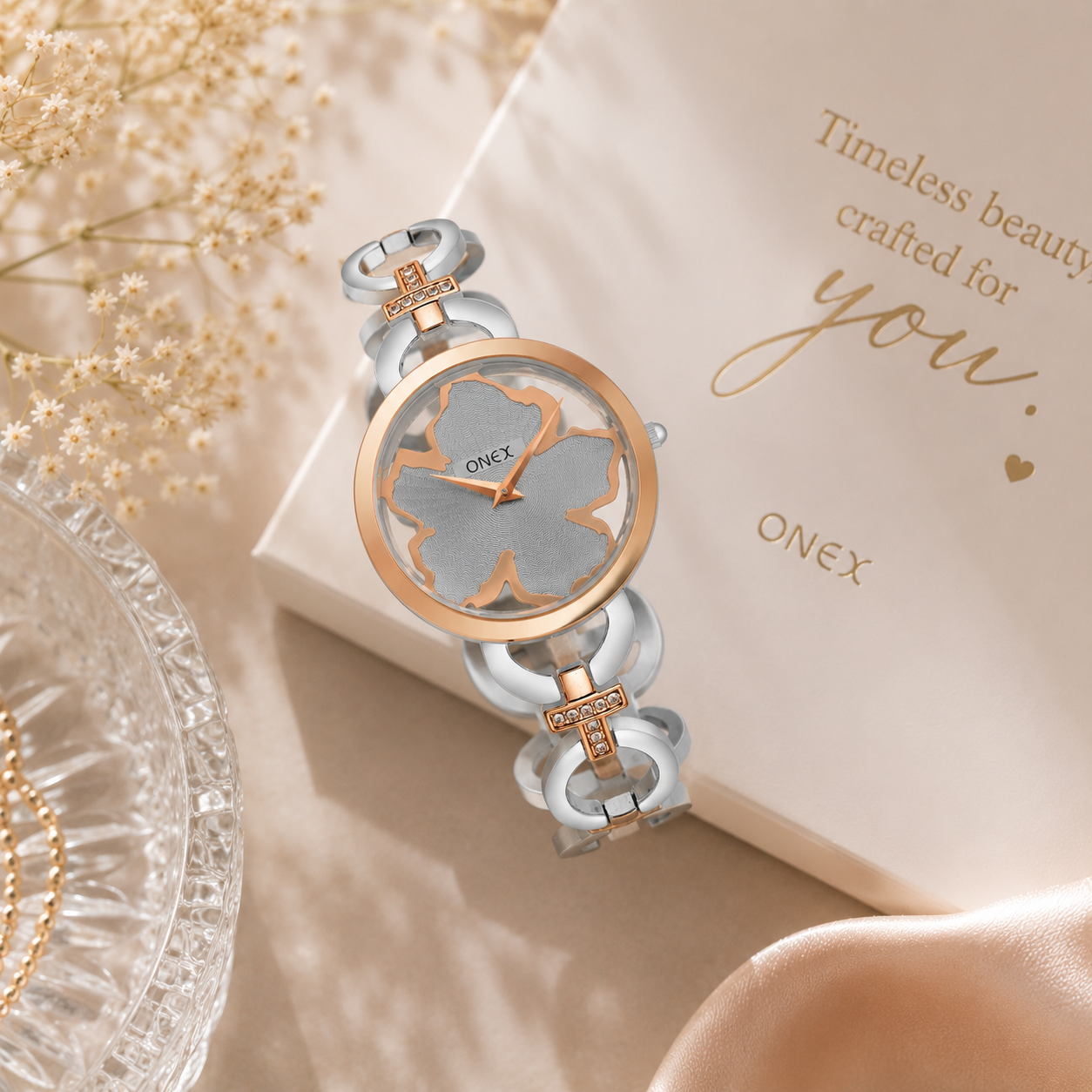ONEX Silver - Rosegold Women’s Bracelet Watch with Grey Textured Dial & Crystal Accents