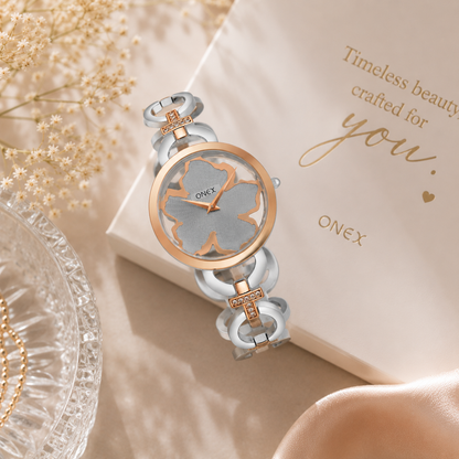 ONEX Silver - Rosegold Women’s Bracelet Watch with Grey Textured Dial & Crystal Accents