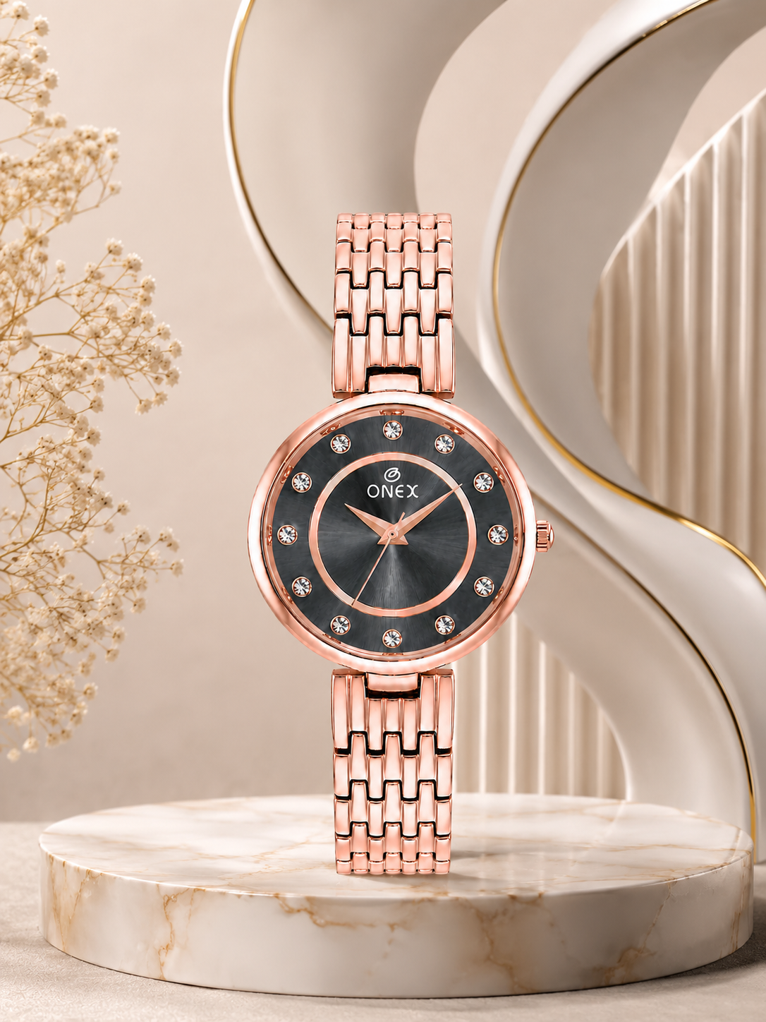 Onex Women’s Grey Analog Watch with Crystal Studded Dial & Stainless Steel Bracelet