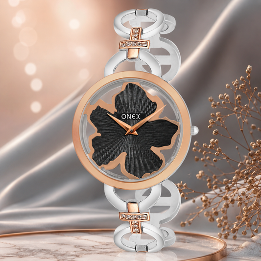 ONEX Silver - Rosegold Women’s Bracelet Watch with Black Textured Dial & Crystal Accents