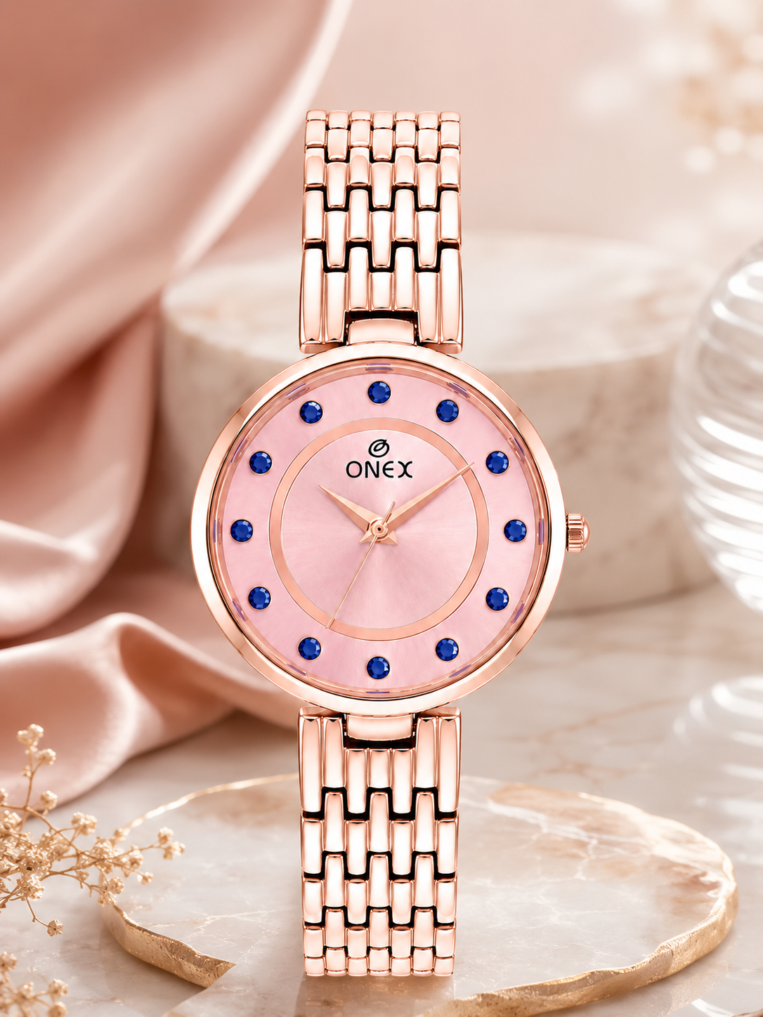 Onex Women’s Pink Analog Watch with Crystal Studded Dial & Stainless Steel Bracelet