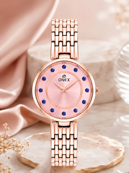 Onex Women’s Pink Analog Watch with Crystal Studded Dial & Stainless Steel Bracelet