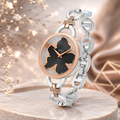 ONEX Silver - Rosegold Women’s Bracelet Watch with Black Textured Dial & Crystal Accents