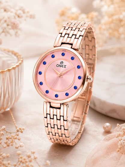 Onex Women’s Pink Analog Watch with Crystal Studded Dial & Stainless Steel Bracelet
