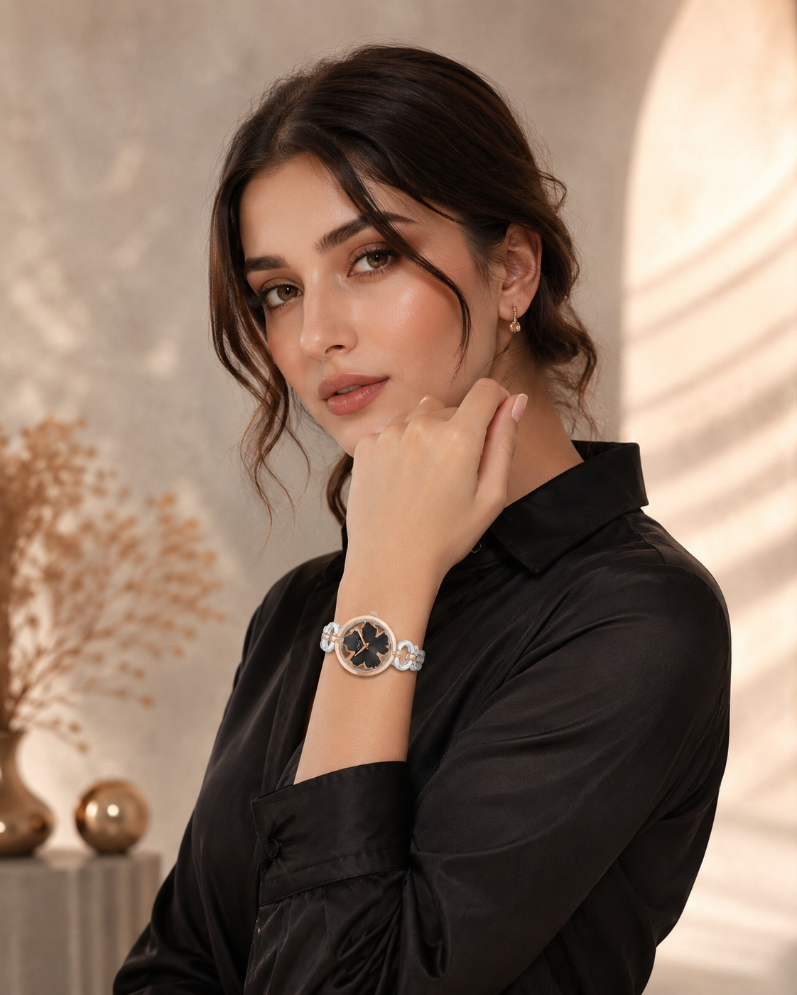 ONEX Silver - Rosegold Women’s Bracelet Watch with Black Textured Dial & Crystal Accents