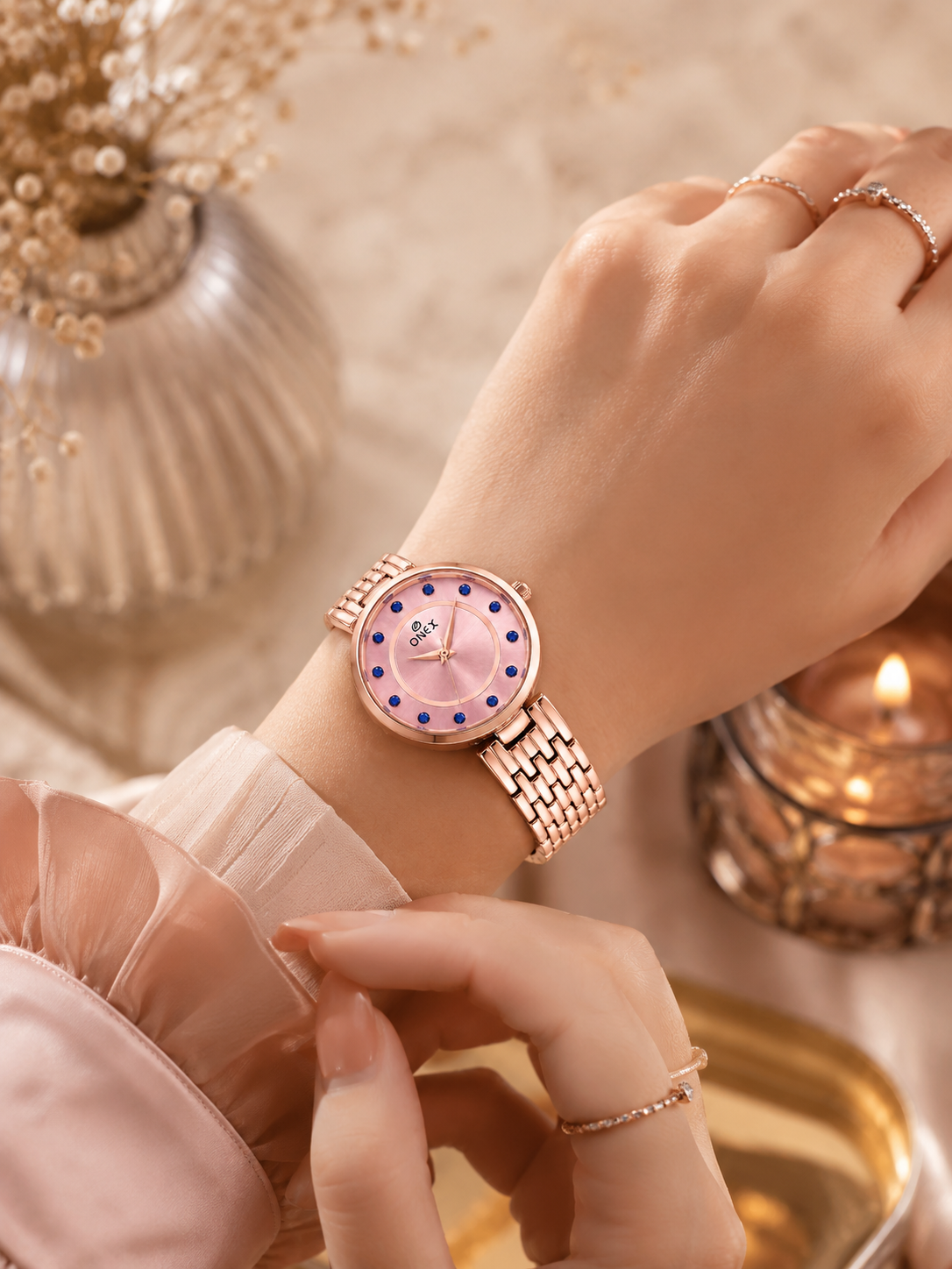 Onex Women’s Pink Analog Watch with Crystal Studded Dial & Stainless Steel Bracelet