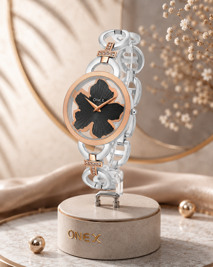 ONEX Silver - Rosegold Women’s Bracelet Watch with Black Textured Dial & Crystal Accents