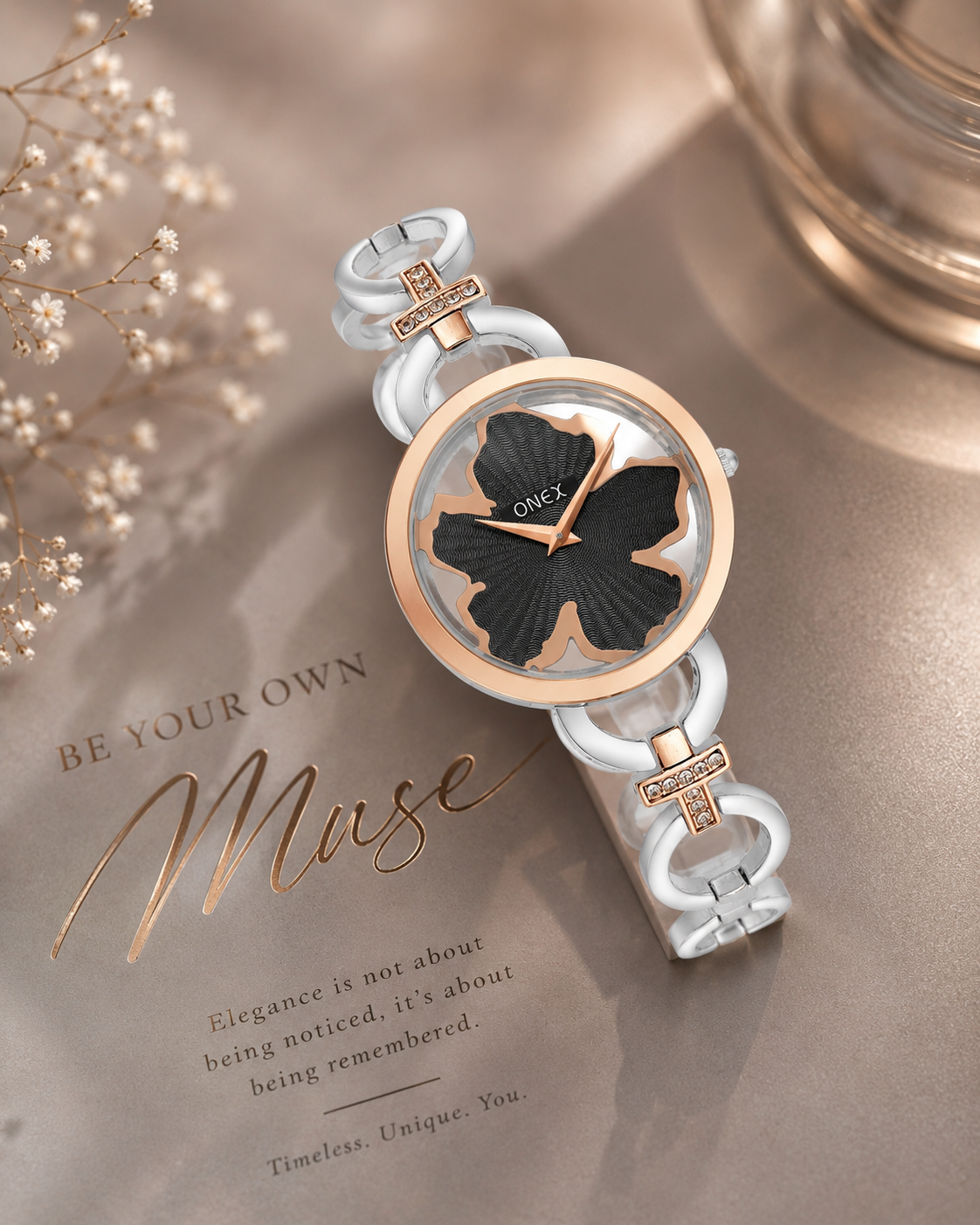 ONEX Silver - Rosegold Women’s Bracelet Watch with Black Textured Dial & Crystal Accents