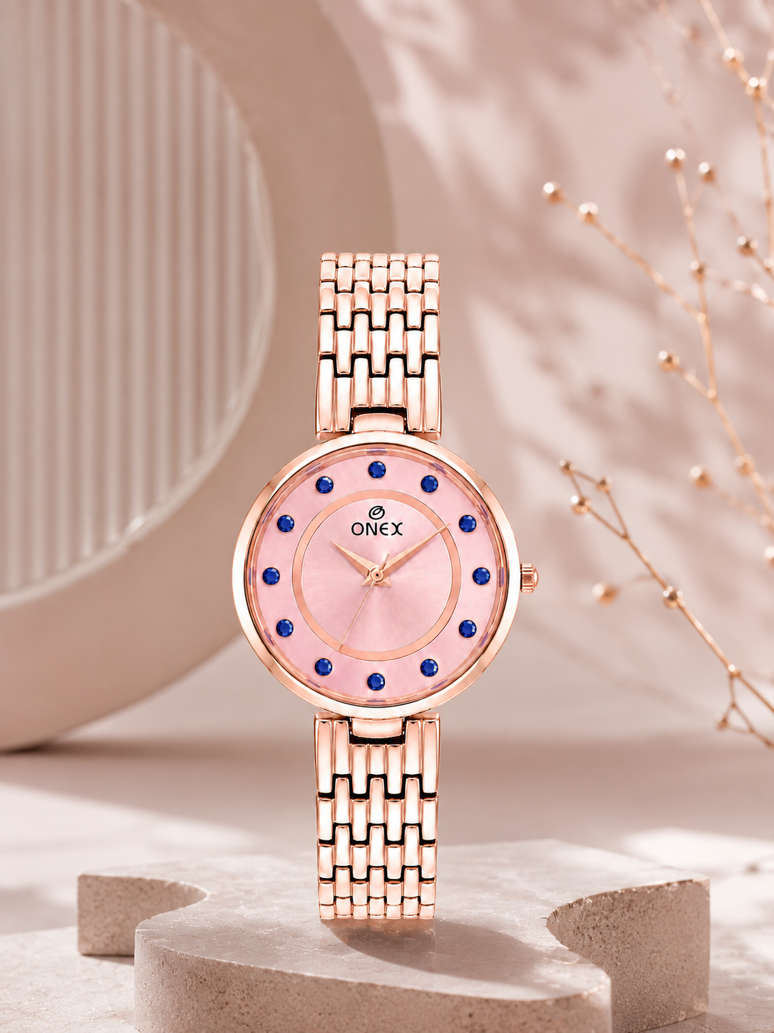 Onex Women’s Pink Analog Watch with Crystal Studded Dial & Stainless Steel Bracelet