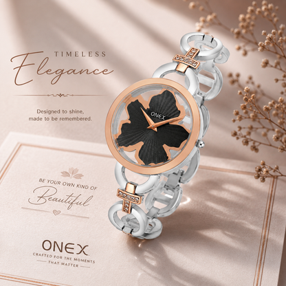ONEX Silver - Rosegold Women’s Bracelet Watch with Black Textured Dial & Crystal Accents