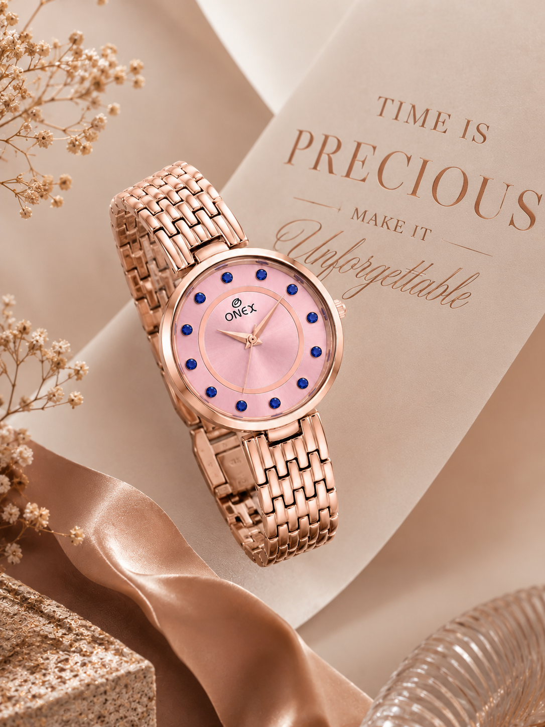 Onex Women’s Pink Analog Watch with Crystal Studded Dial & Stainless Steel Bracelet
