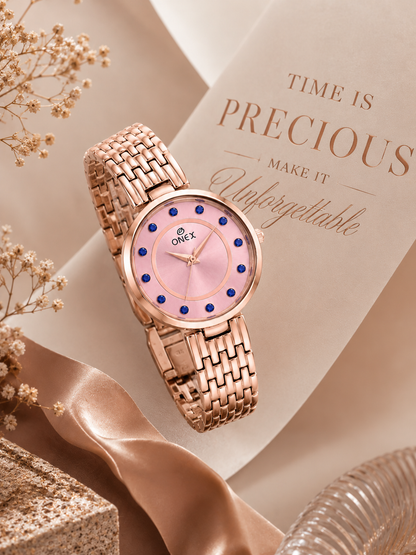 Onex Women’s Pink Analog Watch with Crystal Studded Dial & Stainless Steel Bracelet