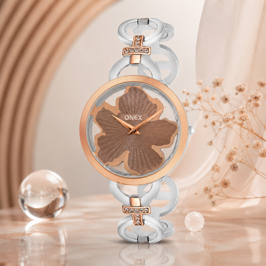 ONEX Silver - Rosegold Women’s Bracelet Watch with Light Brown Textured Dial & Crystal Accents