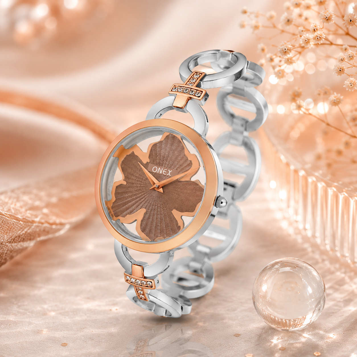 ONEX Silver - Rosegold Women’s Bracelet Watch with Light Brown Textured Dial & Crystal Accents