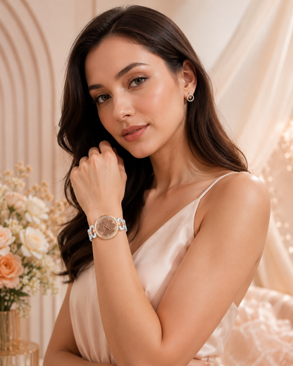 ONEX Silver - Rosegold Women’s Bracelet Watch with Light Brown Textured Dial & Crystal Accents