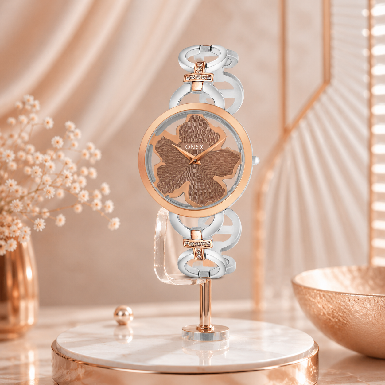 ONEX Silver - Rosegold Women’s Bracelet Watch with Light Brown Textured Dial & Crystal Accents