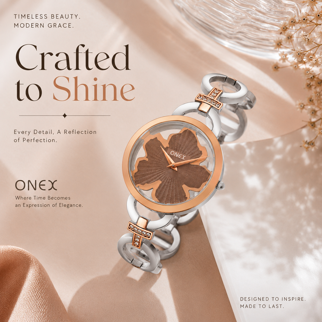 ONEX Silver - Rosegold Women’s Bracelet Watch with Light Brown Textured Dial & Crystal Accents