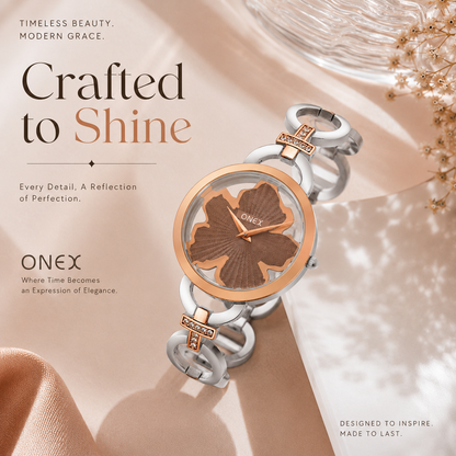 ONEX Silver - Rosegold Women’s Bracelet Watch with Light Brown Textured Dial & Crystal Accents