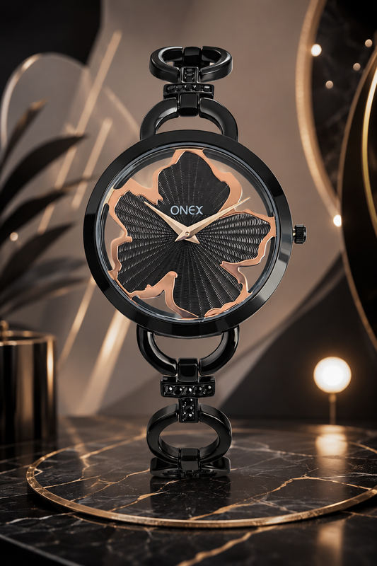 ONEX Black Women’s Bracelet Watch with Light Black Textured Dial & Crystal Accents