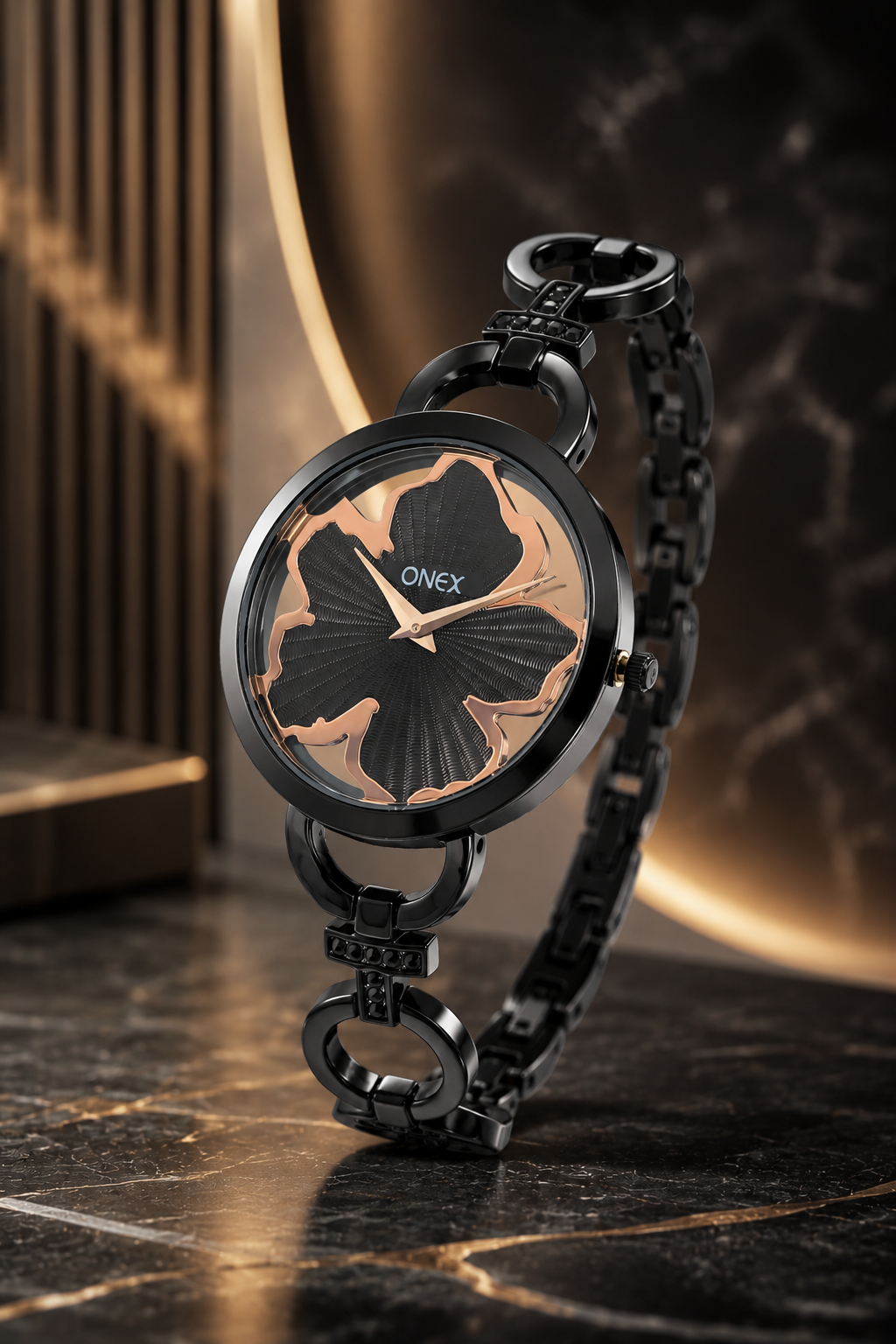 ONEX Black Women’s Bracelet Watch with Light Black Textured Dial & Crystal Accents