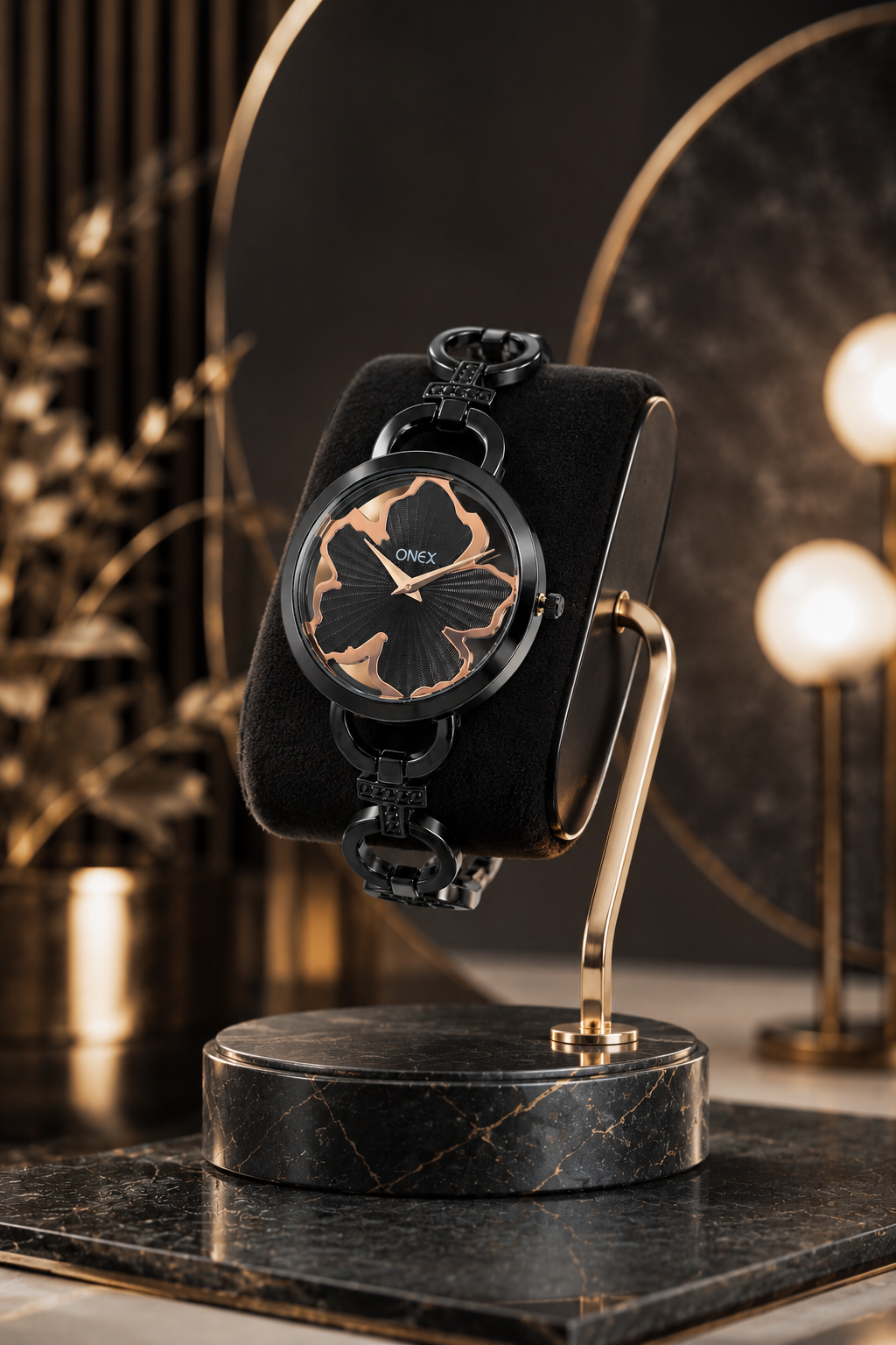 ONEX Black Women’s Bracelet Watch with Light Black Textured Dial & Crystal Accents