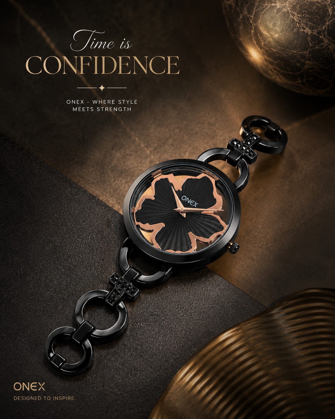 ONEX Black Women’s Bracelet Watch with Light Black Textured Dial & Crystal Accents