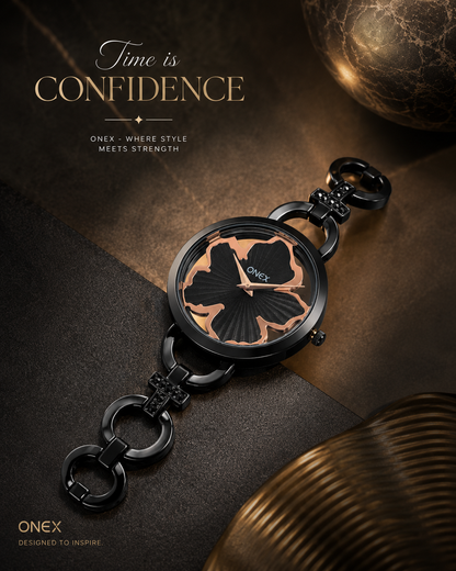 ONEX Black Women’s Bracelet Watch with Light Black Textured Dial & Crystal Accents