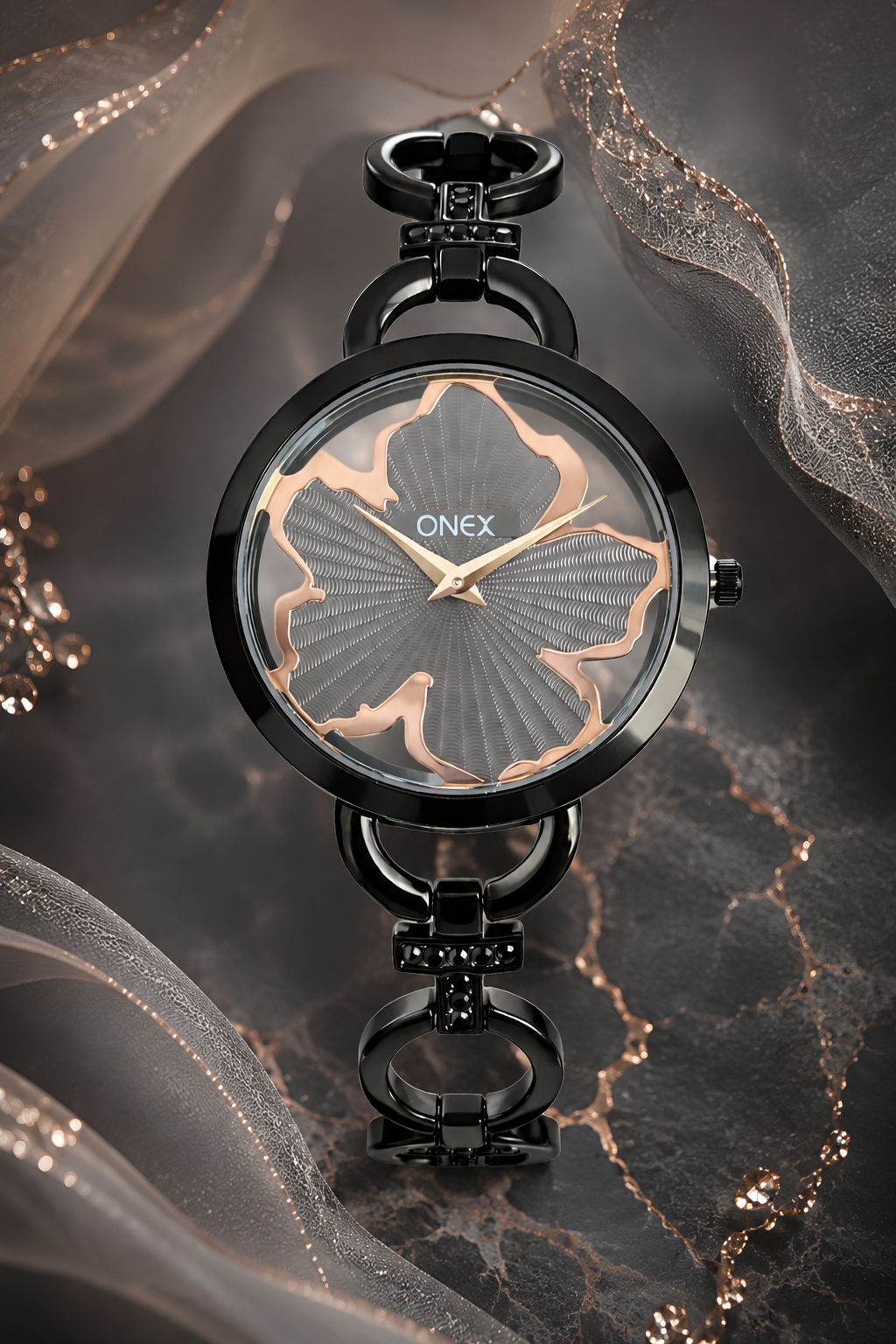 ONEX Black Women’s Bracelet Watch with Light Grey Textured Dial & Crystal Accents