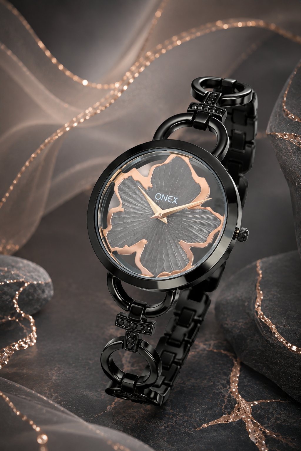 ONEX Black Women’s Bracelet Watch with Light Grey Textured Dial & Crystal Accents