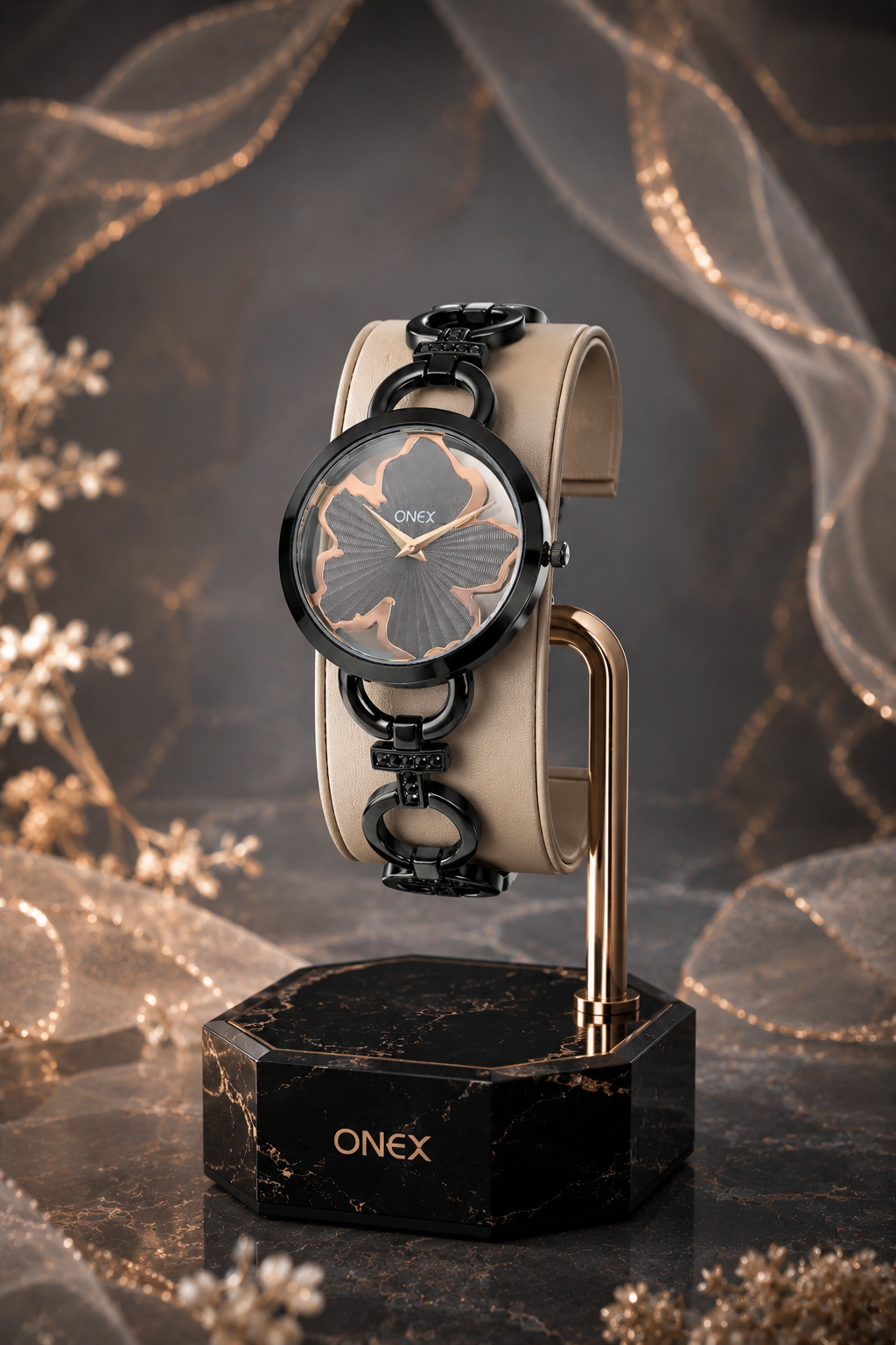 ONEX Black Women’s Bracelet Watch with Light Grey Textured Dial & Crystal Accents