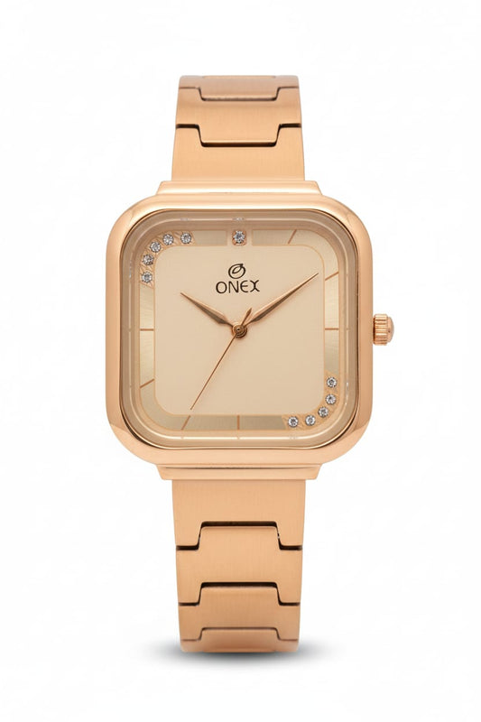 ONEX Rose Gold Square Dial Analog Watch for Women | Crystal Accent Dial | Metal Strap