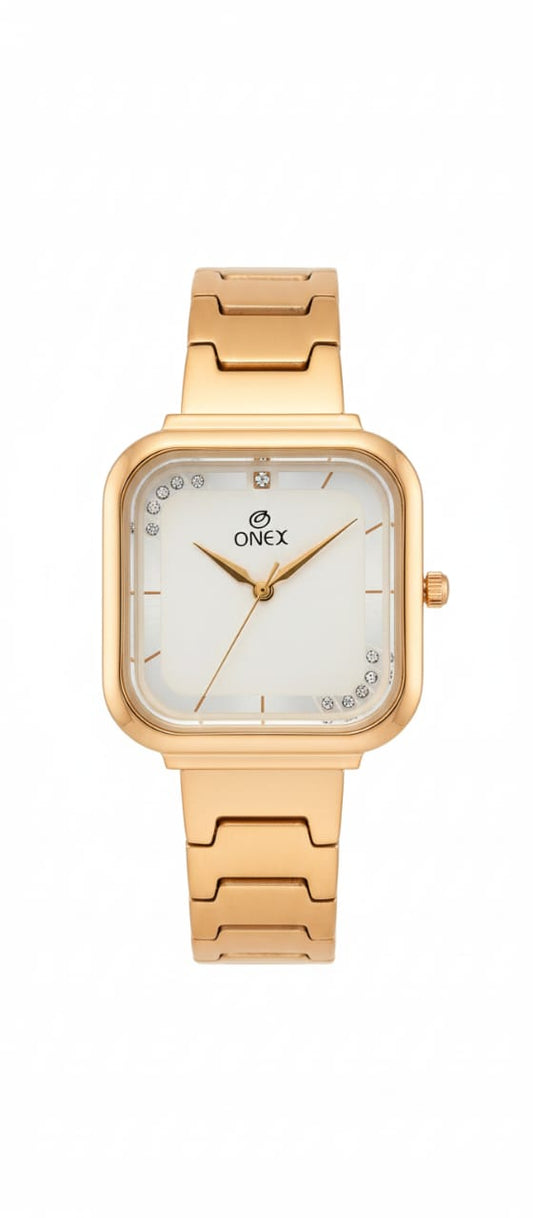 ONEX Rose Gold Square Dial Analog Watch for Women | Crystal Accent Dial | Metal Strap